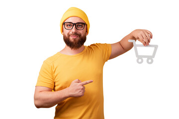 man pointing at shopping trolley isolated on transparent background, buying online concept
