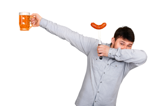 trendy alcoholic with beer  standing in dab dance pose isolated on transparent background
