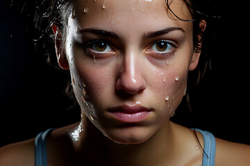 Closeup face of serious confident stare female athlete with sweat drips after workout hard on black background - obrazy, fototapety, plakaty