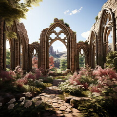 Gothic Abbey Ruins Adorned with Pink Hydrangeas - obrazy, fototapety, plakaty