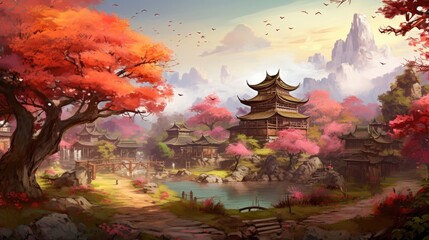 Autumn landscape with trees, mountains, fields, leaves. Asian village landscape, Generative AI