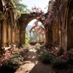 Fototapeta premium Gothic Abbey Ruins Adorned with Pink Hydrangeas
