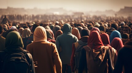 A large, diverse group of displaced individuals, including families and children, seeking asylum or refuge, illustrating the global migrant crisis. - obrazy, fototapety, plakaty