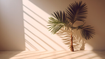 Minimal product placement background with palm shadow on plaster wall