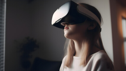 Girl using VR at home high resolution