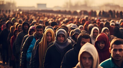 A large, diverse group of displaced individuals, including families and children, seeking asylum or refuge, illustrating the global migrant crisis.