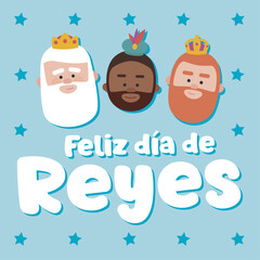 The three kings of orient on a blue background. Christmas vectors. Happy Epiphany written in Spanish