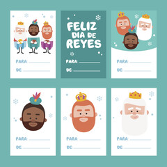 Collection of 6 Christmas card templates. Vector illustration. Template for Greeting Scrap booking, Congratulations, Invitations. Green. Happy Epiphany written in Spanish