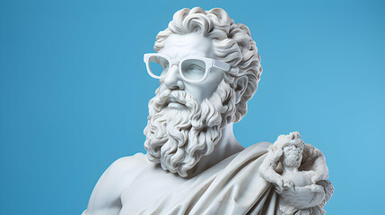 Antique marble sculpture of zeus with fancy glasses. Statue wearing glasses on pastel background, generative ai - obrazy, fototapety, plakaty