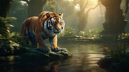Beautiful tiger-filled jungle lake scenery that may be used as a wallpaper background