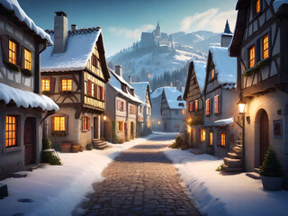 Winter germany medieval town street cartoon landscape. Falling snow on historical mansion. Generative AI