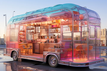 3D Rendering of a Futuristic Transparent RV with a Colorful Interior