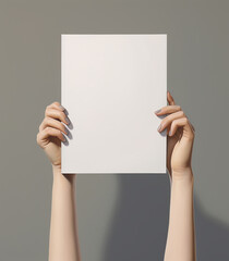 Woman holding blank paper sheet in front of her face. Mock up, blank sheet of paper. Female hands holding blank paper sheet on grey background. Front view mockup with copy space, no face - obrazy, fototapety, plakaty