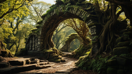 Natural archway shaped by branches in the forest. Generative AI