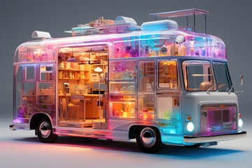 3D Rendering of a Futuristic Transparent RV with a Colorful Interior