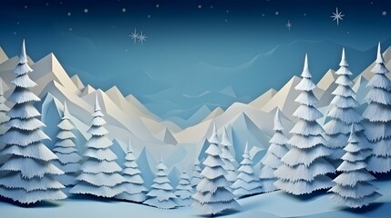 Mountain winter landscape with fir trees and snow. 3d origami, paper. Space for text, winter,...