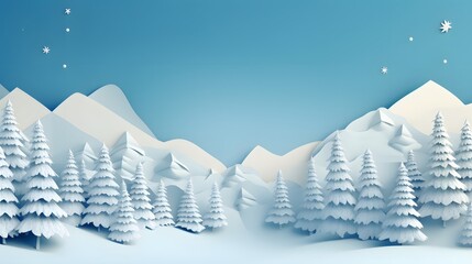 Fototapeta na wymiar Mountain winter landscape with fir trees and snow. 3d origami, paper. Space for text, winter, holidays, christmas