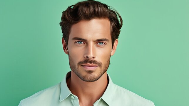 Portrait of a handsome elegant sexy Caucasian man with perfect skin, on a light green background, close-up.