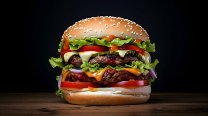 Cheeseburger on black dark isolated background. Close-up of a large burger with meat and a bun with sesame seeds. Street Fast food style. Generative AI.