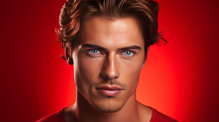Portrait of a handsome elegant sexy Caucasian man with perfect skin, on a red background, banner.