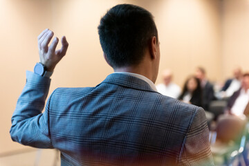Male business coach speaker in suit give presentation, speaker presenter consulting training...