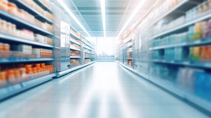 Fototapeta premium Supermarket aisle and shelves blurred background, Generative AI