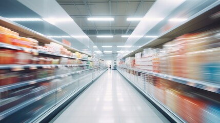 Supermarket aisle and shelves blurred background, Generative AI