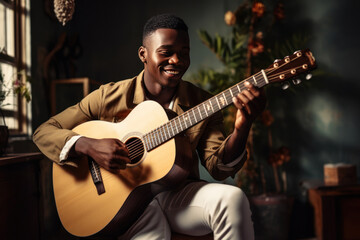 Obraz premium Happy cheerful young african american man musician playing guitar sitting at home.