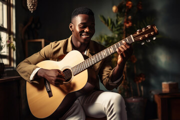 Happy cheerful young african american man musician playing guitar sitting at home.