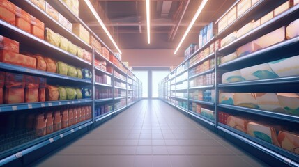 Supermarket aisle and shelves blurred background, Generative AI