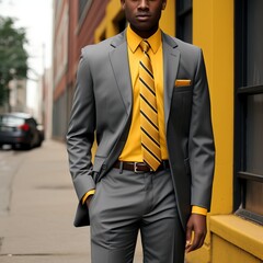 A fashionable business suit on a status man with bright yellow elements. Elegant clothes for the boss
