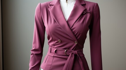 pink women's jacket with double-breasted fastener and belt. White shirt with suit. elegant office style - obrazy, fototapety, plakaty