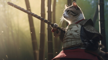 mad cat wearing samurai uniforms with katana sword on hand. Generative AI