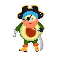 Avocado pirate with a saber in his hand in cartoon style. Vector illustration