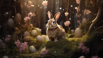 Selbstklebende Fototapeten Enchanted Easter: A rabbit amidst a surreal fantasy forest in a captivating Easter-themed photograph © Moritz