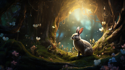 Enchanted Easter: A rabbit amidst a surreal fantasy forest in a captivating Easter-themed photograph