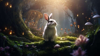 Enchanted Easter: An AI-generated rabbit amidst a surreal fantasy forest in a captivating...