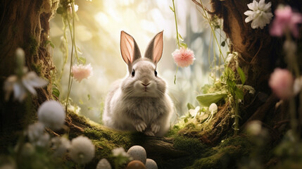 Enchanted Easter: An AI-generated rabbit amidst a surreal fantasy forest in a captivating Easter-themed photograph
