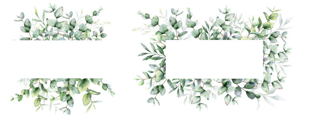 Eucalyptus Watercolor Frame. Eucalyptus Greenery Frame Hand Painted isolated on white background.  Perfect for wedding invitations, floral labels, bridal shower and  floral greeting cards - obrazy, fototapety, plakaty