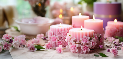 Obraz na płótnie Canvas Crafting Mothers Day candles with tender love and decorative flowers 