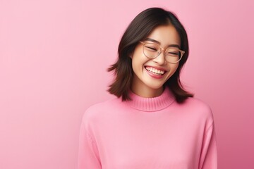 Fototapeta premium Closeup portrait of smile yong woman portrait in studio over pastel background, Generative AI