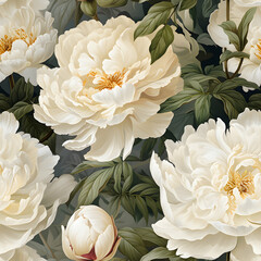 Floral pattern with blooming white peony flowers. Botanical wallpaper, vintage colors and styles background. Layout for fabric, textile or greetings card, wedding invitation. Generative AI.