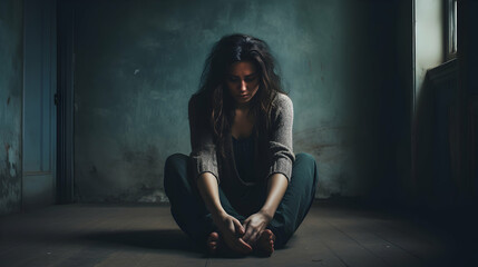Depressed woman with head bowed, sitting on the floor leaning against the wall, dark oppressive background, copy space, generative ai - obrazy, fototapety, plakaty