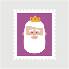 King Melchor purple postage stamp. Christmas ornament isolated vectorized. Magi, wise man