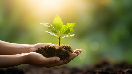 Environment Earth Day In the hands of trees growing seedlings. Bokeh green Background Female hand holding tree on nature field grass Forest conservation concept, Generative AI