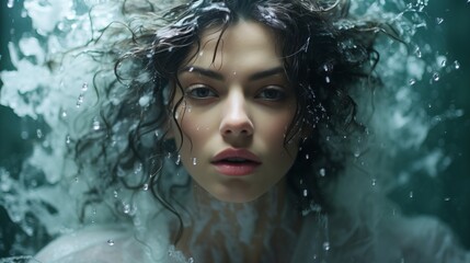 woman underwater with hair surrounded by splashes of water. Concept: portrait with water near the face.