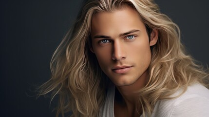 Elegant sexy smiling Caucasian blond man with blond and long hair with perfect skin, on a silver...