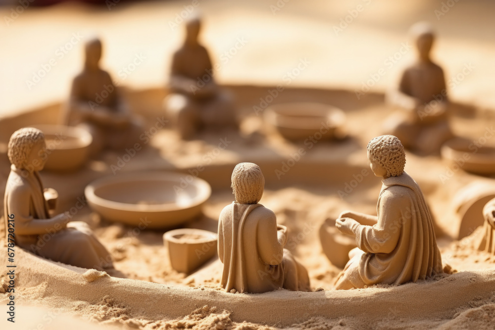 Aufkleber miniature figures arranged in sand for therapy background with empty space for text