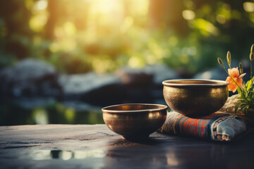 Gongs and singing bowls for sound therapy background with empty space for text 