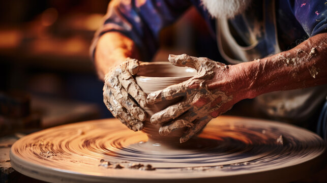Detail of hands shaping pottery on a wheel background with empty space for text 